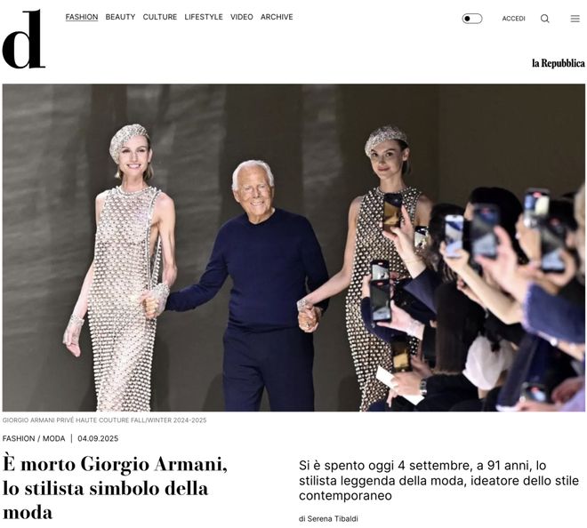 ”陨落！乔治·阿玛尼去世享年91岁j9九